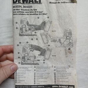 user manual  DEWALT 20V MAX XR Brushless Jig Saw models DCS334 and DCS335.